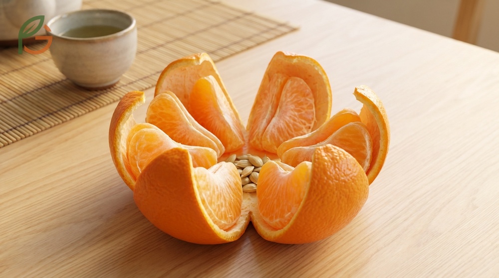 Tangerine peeling technique using the Japanese flower method creates 5 to 7 petals for a decorative bowl.