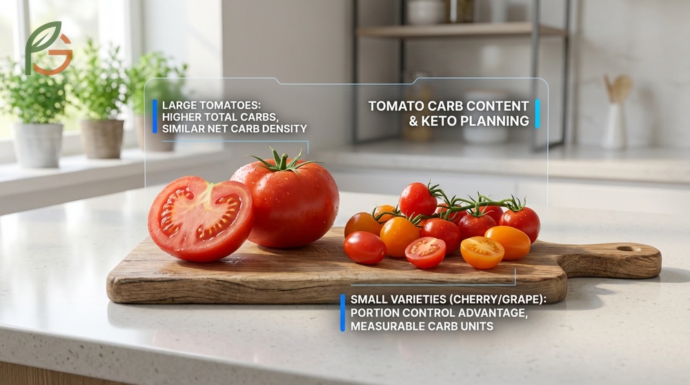 Comparison of carbohydrate levels in Roma versus cherry tomatoes highlighting differences between raw and processed forms.