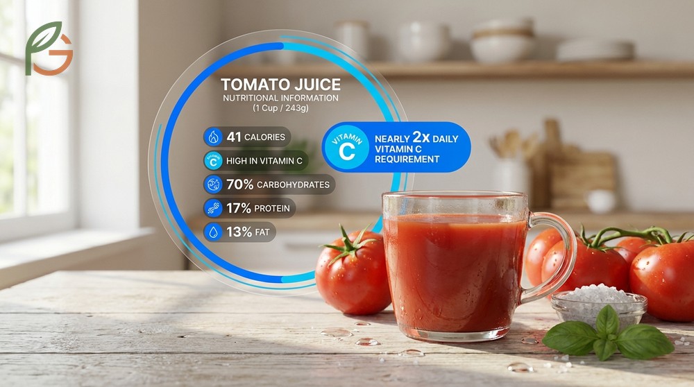 Tomato juice nutritional information highlights that one cup provides 41 calories along with 20 percent of daily thiamine and 12 percent of iron.