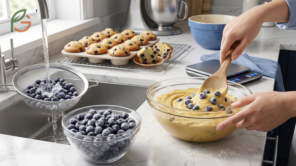 Using frozen blueberries in muffins by rinsing them quickly and tossing with flour to prevent blue streaks and ensure even distribution.