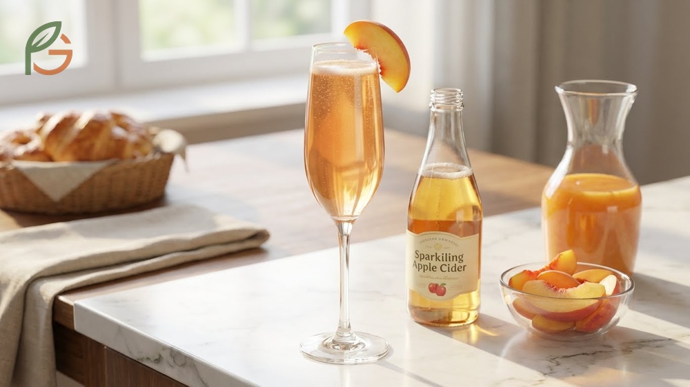 Virgin bellini recipe using sparkling cider or non-alcoholic wine mixed with fresh peach puree.