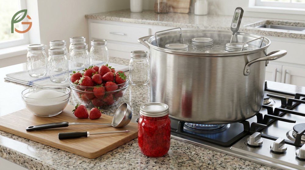 Filled jars of strawberry jam being processed in a boiling water bath canner for ten minutes to ensure shelf stability.