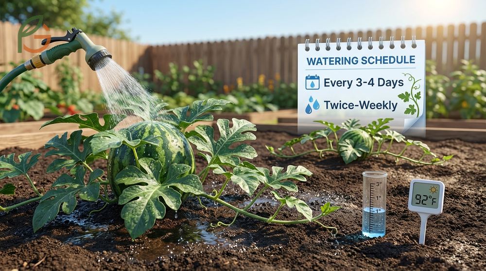 Watermelon watering schedule suggests providing 1 to 2 inches of water weekly based on rainfall and heat.