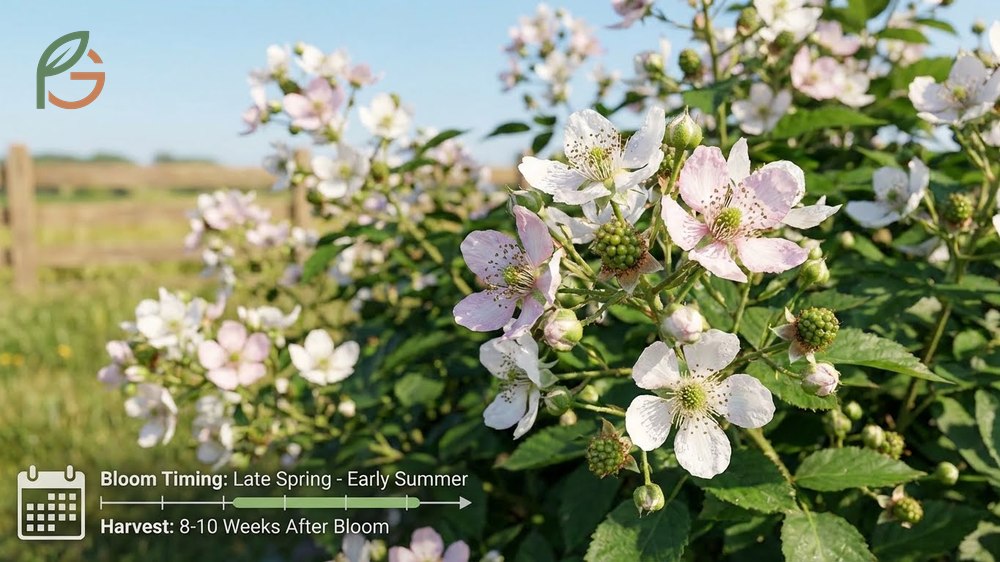 White blackberry blossoms blooming in late spring before the fruit development begins in the garden.
