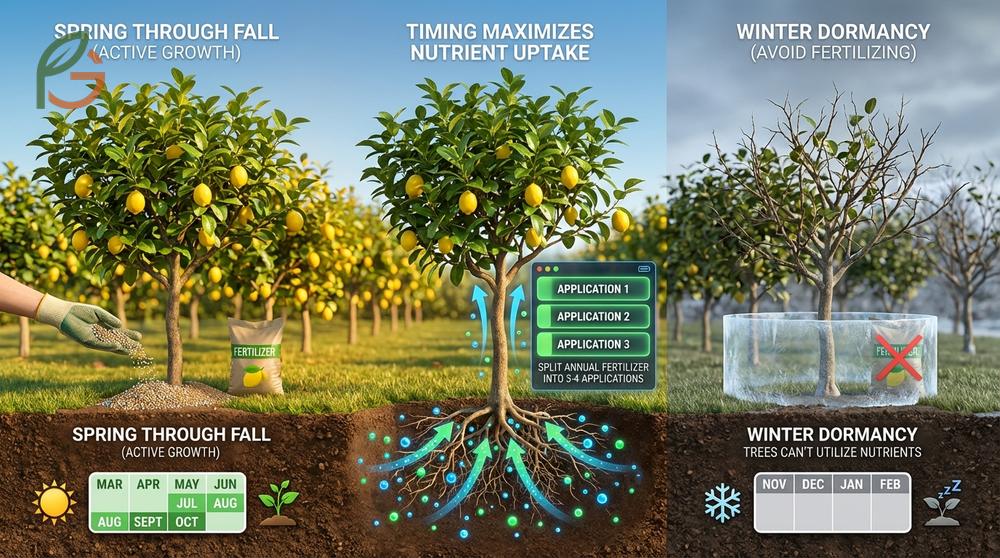 When to fertilize lemon trees involves splitting annual applications into three to four feedings from late winter to fall.