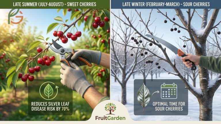 When to prune cherry trees guide explaining late summer cuts for sweet cherries and late winter pruning for sour varieties.