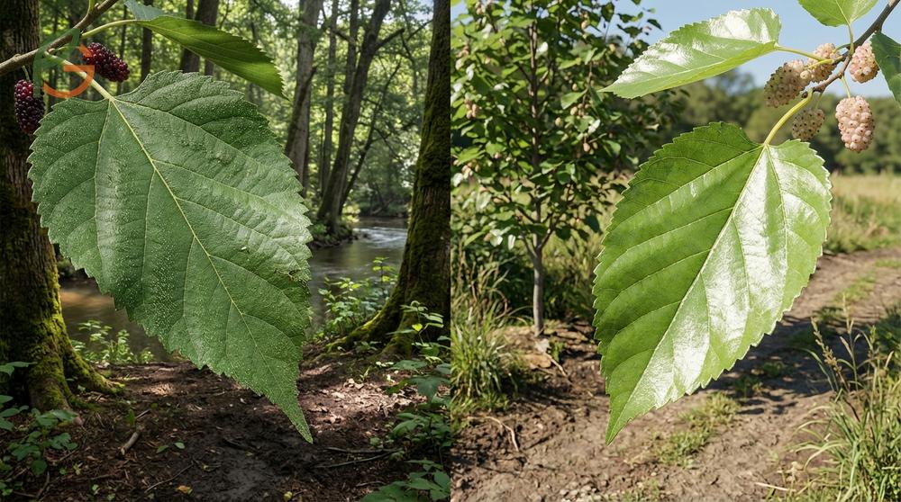 White mulberry vs red mulberry leaves showing differences in size texture and margin serration.