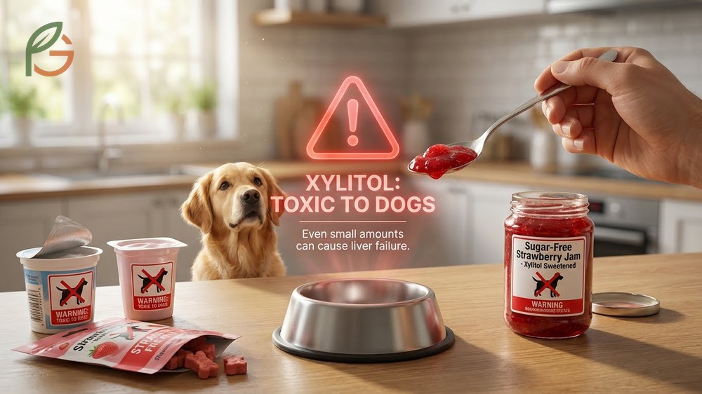 Xylitol warning for dogs regarding toxic artificial sweeteners in processed strawberry products.