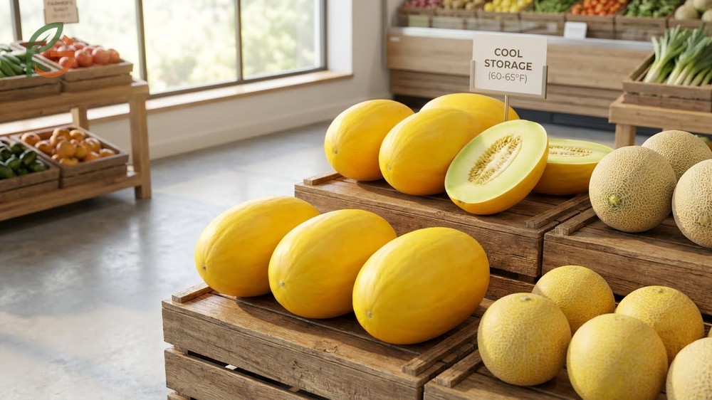 Yellow honeydew melon indicating ripeness through uniform golden color and slight give at the blossom end.