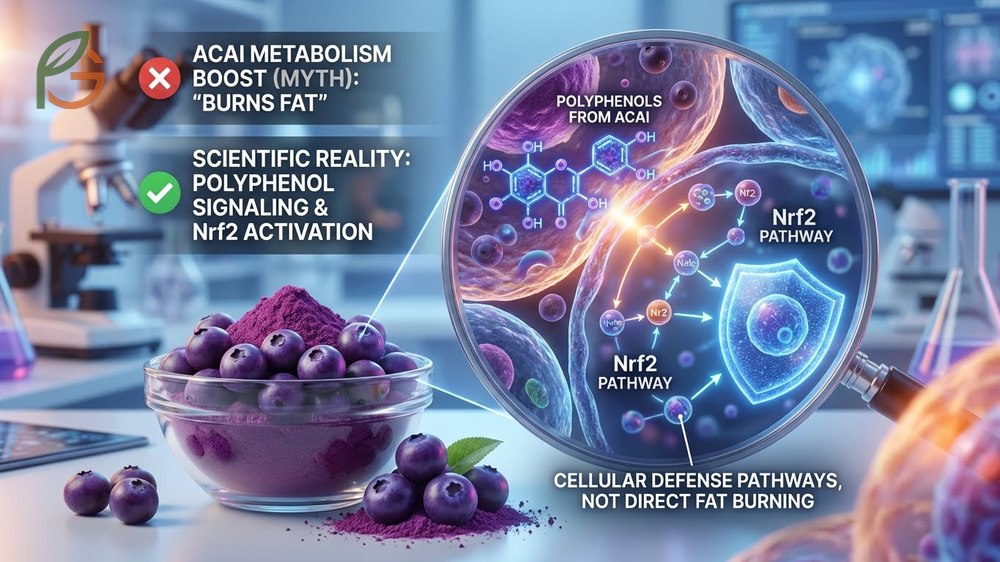Acai metabolism boost claims examined alongside research on Nrf2 pathway activation and oxidative stress reduction.