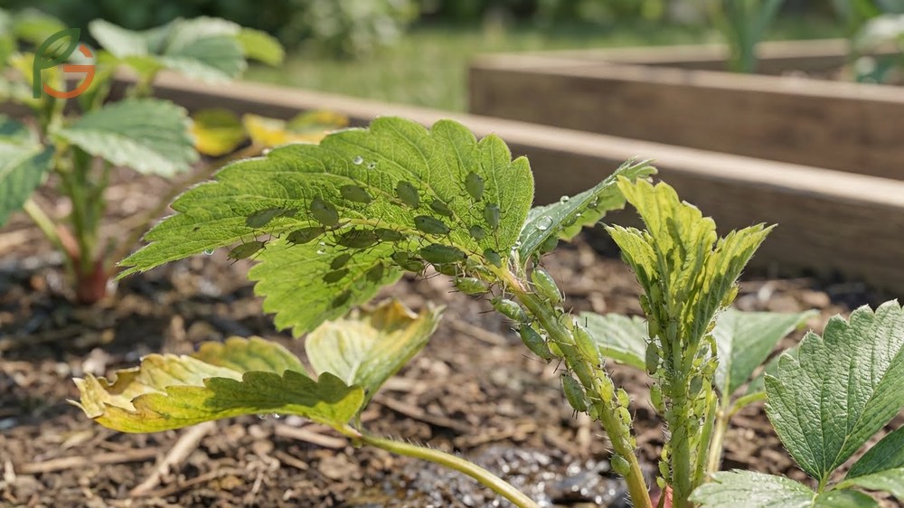Aphids on strawberry plants clustered on leaf undersides requiring neem oil or soap treatments.