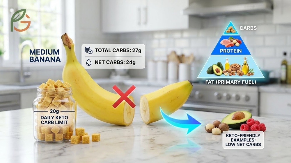 Are bananas keto friendly analysis explaining why 24 grams net carbs per banana exceeds daily limits for ketogenic diets.