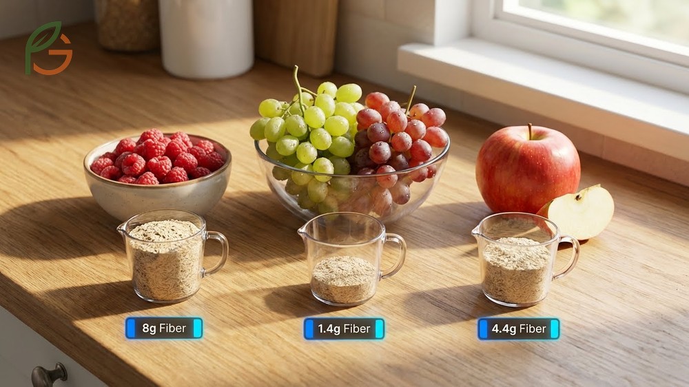 Are grapes high in fiber compared to other fruits like raspberries and apples for digestive wellness.