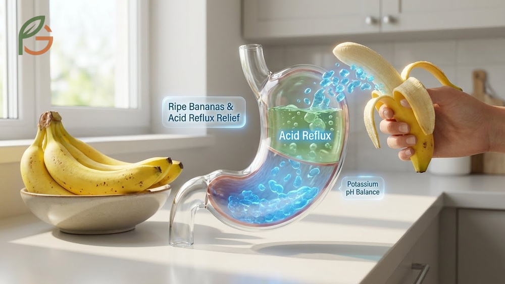 Bananas and acid reflux relief supported by potassium neutralizing stomach acid 30 minutes after meals.