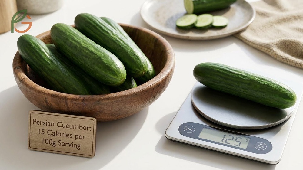 Calories in Persian cucumber providing 15-23 calories per whole vegetable with thin edible skin.