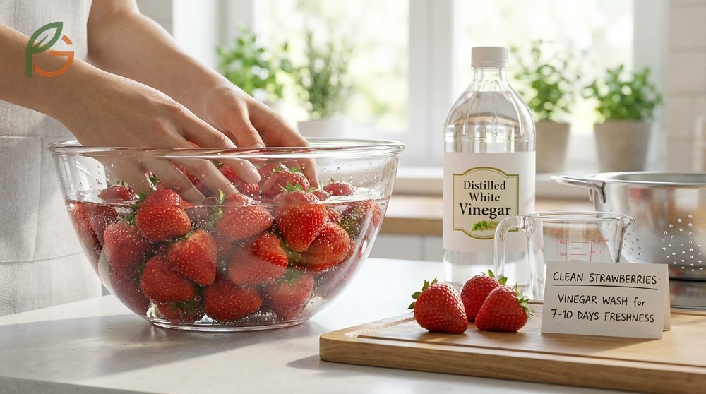 How to clean strawberries with vinegar solution to kill mold spores and extend freshness for a week.