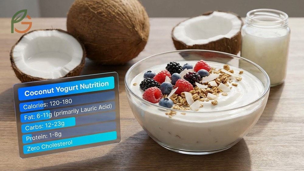 Coconut yogurt nutrition facts showing 120-180 calories per serving with lauric acid that converts to energy.