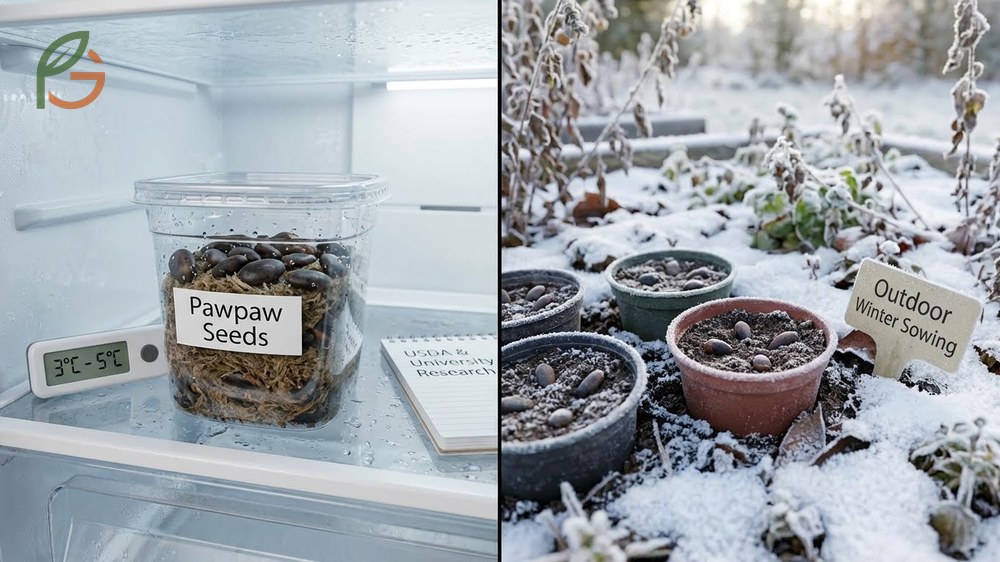 Cold stratification paw paw seeds placed in a bag with moist sphagnum moss inside a refrigerator.