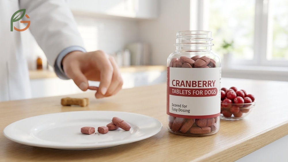 Cranberry tablets for dogs offer precise dosing options with scored pills suitable for various breed sizes.