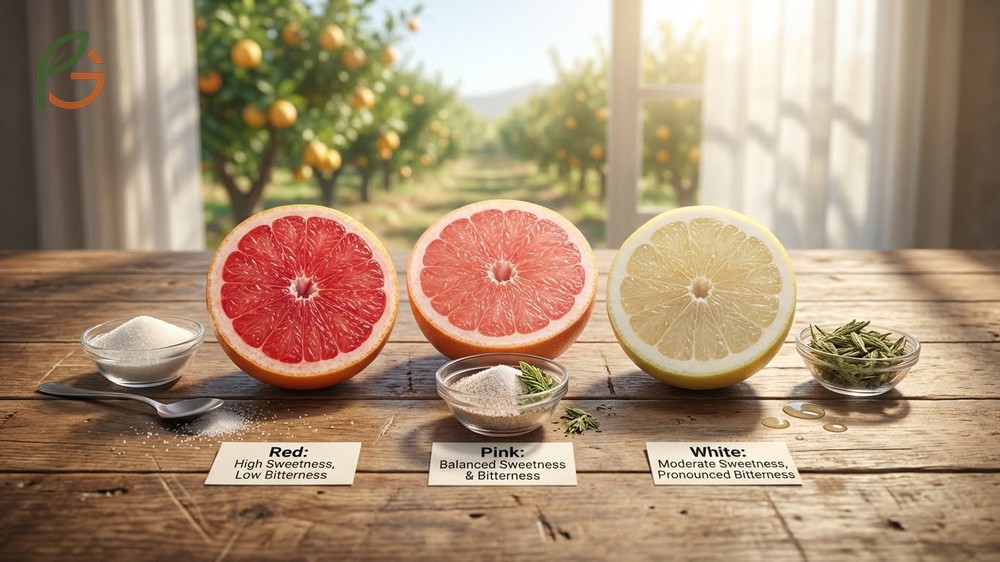 Different types of grapefruit including Star Ruby and Rio Red displaying distinct flesh colors and sweetness levels.