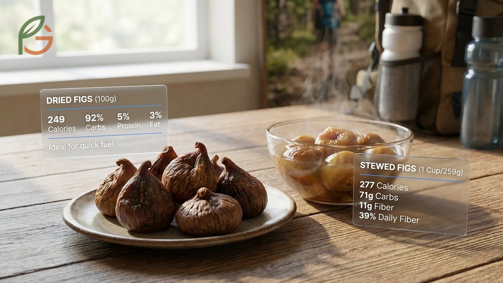 Dried figs nutrition facts showing 249 calories and high fiber content per 100g serving.