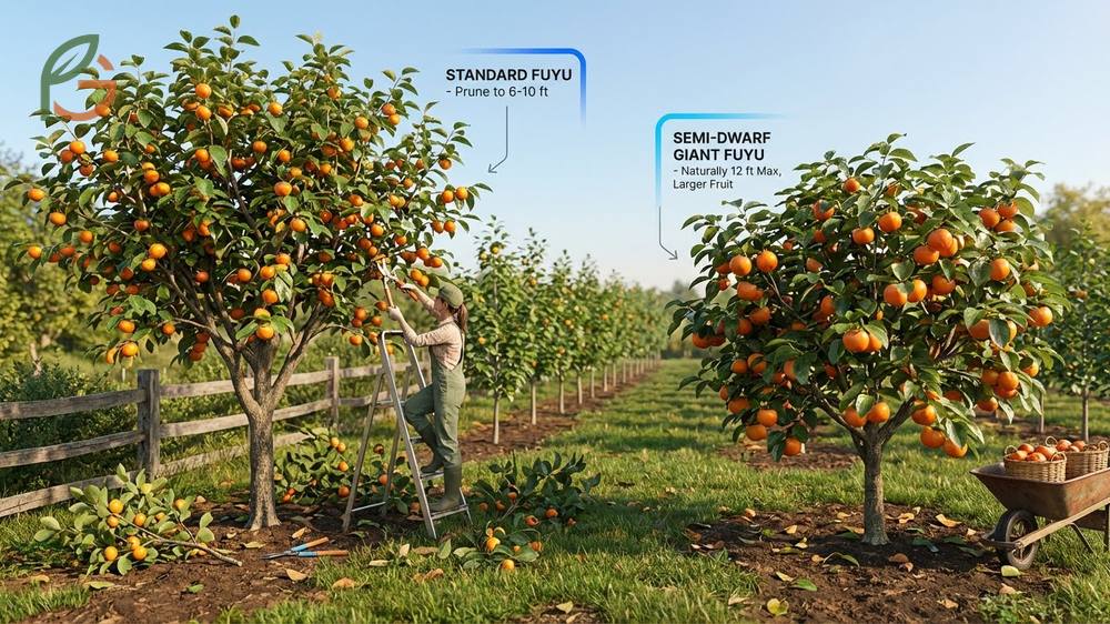 Dwarf Fuyu persimmon tree varieties like Giant Fuyu and Ichi Ki Kei Jiro maintained at 6 to 10 feet through pruning.