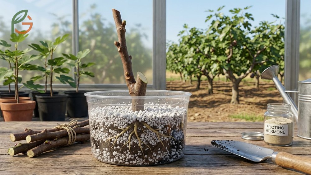 Fig tree propagation from cuttings using rooting hormone and a mix of perlite and peat moss.