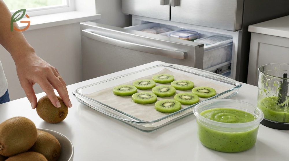 Freezing kiwi fruit using the slice or puree method to preserve nutritional content for culinary use.