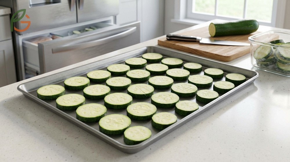 Freezing zucchini slices by cutting 0.5 inch rounds and flash freezing on a baking sheet for 2 to 3 hours.