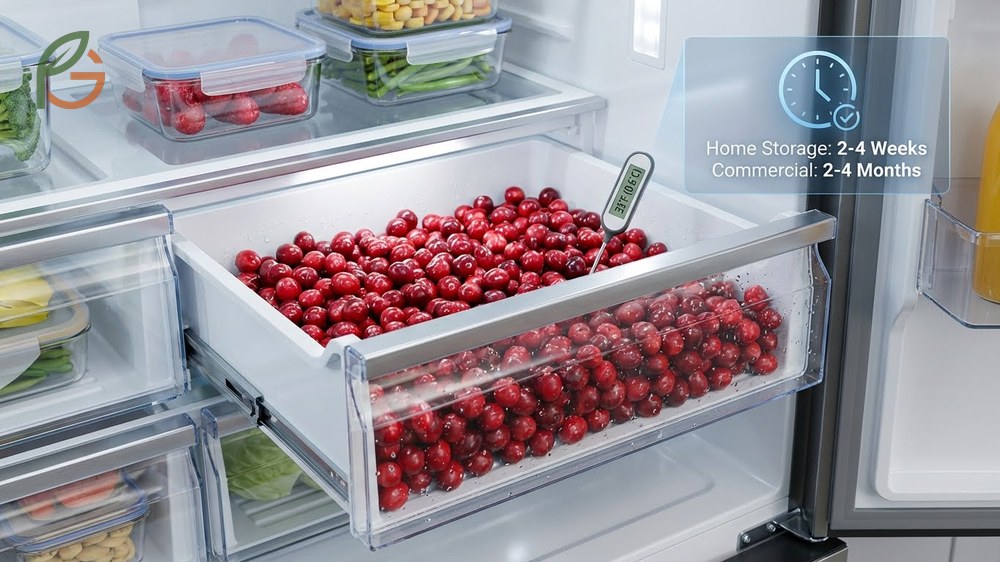 Fresh cranberries storage duration in refrigerators lasting two to four weeks with proper ventilation and humidity control.
