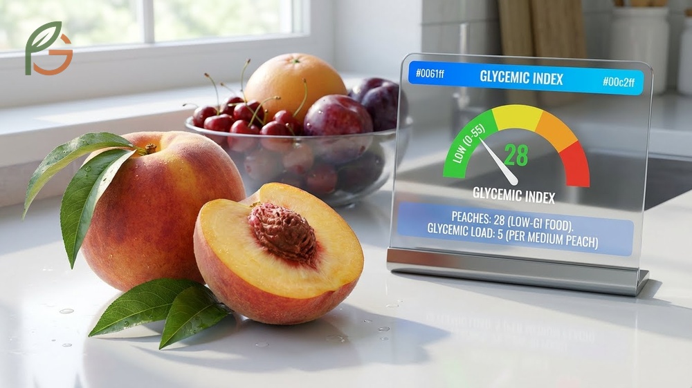 Glycemic index of peaches chart comparing fresh whole fruit scores against canned and dried options.