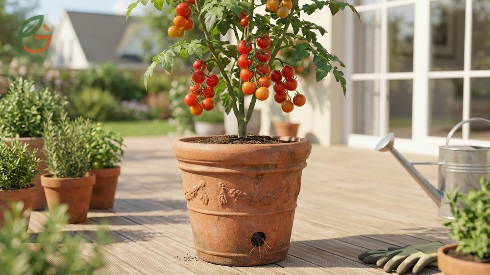 How to grow cherry tomatoes in containers using 5 gallon pots and breathable fabric bags for healthy root systems.