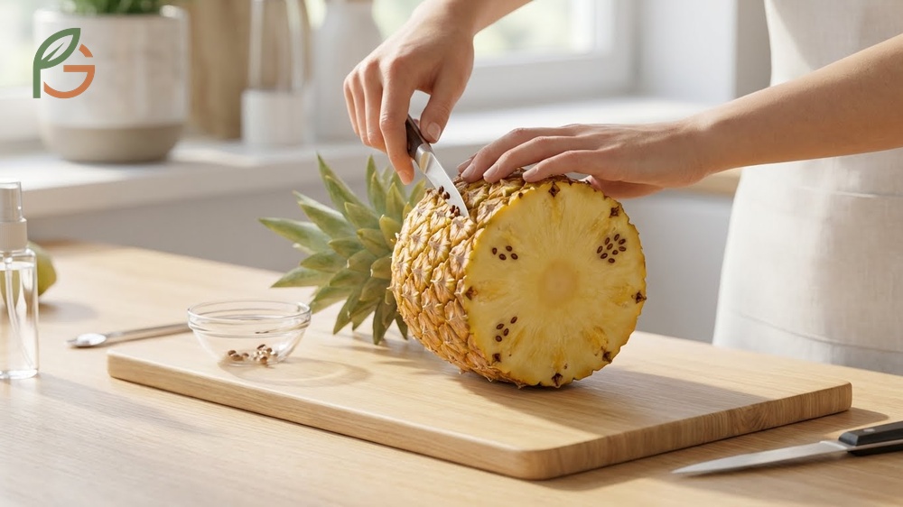 Harvesting pineapple seeds involves finding tiny black or brown seeds measuring 2 to 3mm beneath the fruit peel.