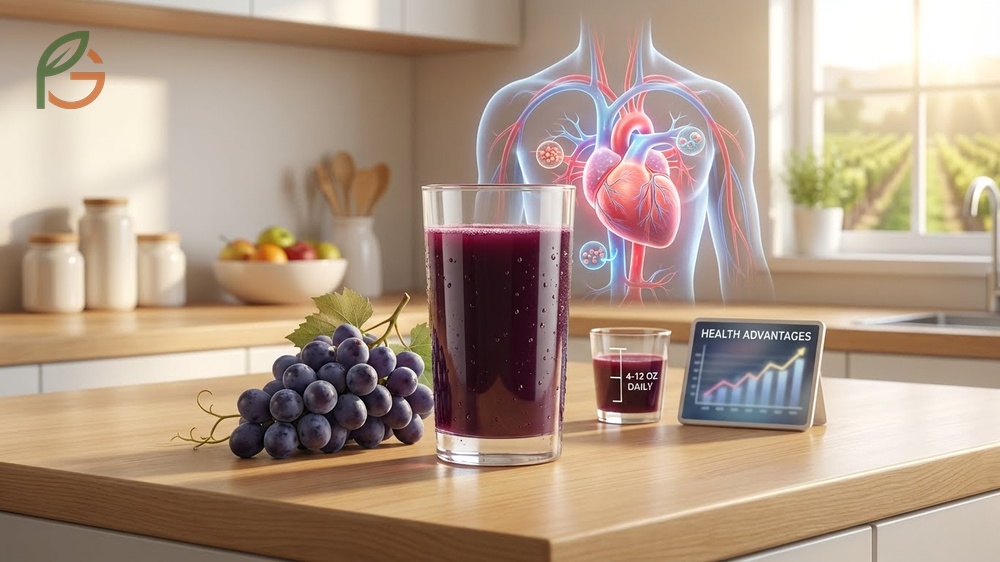 Benefits of grape juice include improved heart health and reduced inflammation from daily consumption.