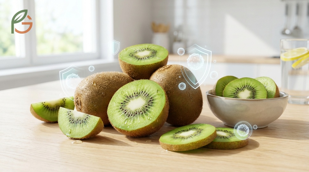 Health benefits of kiwi include improving sleep quality by 35 percent and aiding digestion with actinidin enzyme.