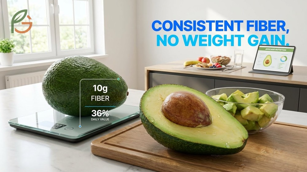 How much fiber in an avocado shown as 10 grams per medium fruit covering 36 percent of daily value.
