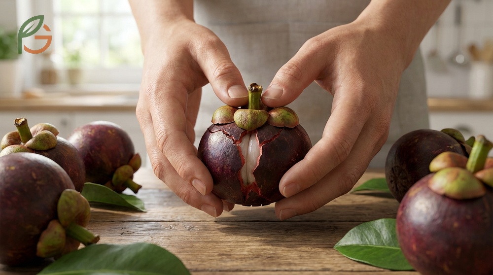 How to open mangosteen by hand starts at the stem end where the shell is thinnest and yields to pressure.