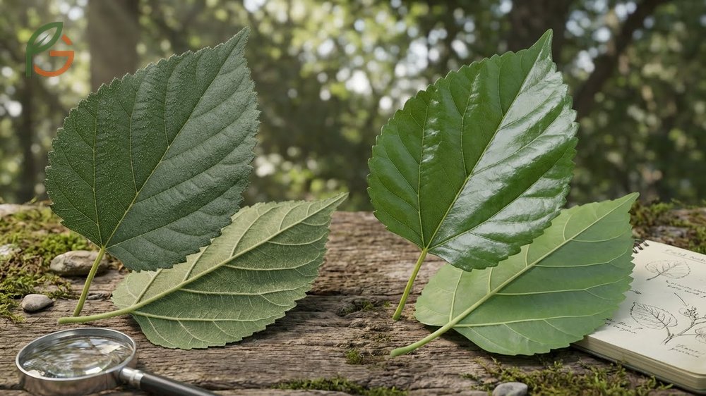 Mulberry leaf identification highlighting red mulberry rough matte leaves measuring 4 to 7 inches versus white mulberry smooth glossy leaves.