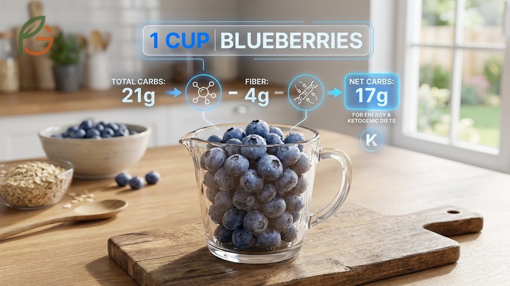 Net carbs in blueberries calculated by subtracting 4 grams of fiber from total carbs to get 17 grams net.