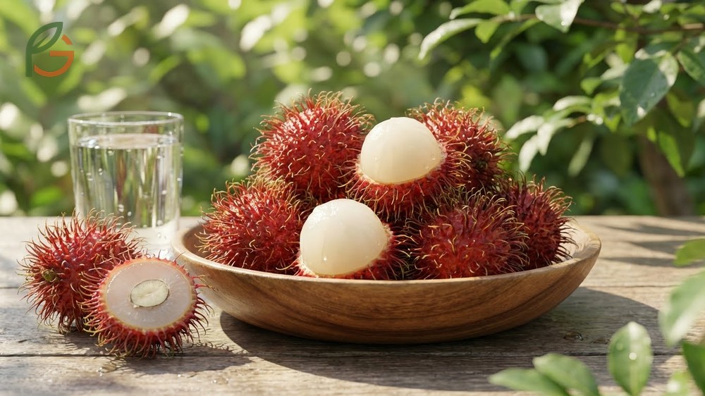 Nutritional value of rambutan facts listing 75 calories and 50 percent daily value of Vitamin C per 100g serving.