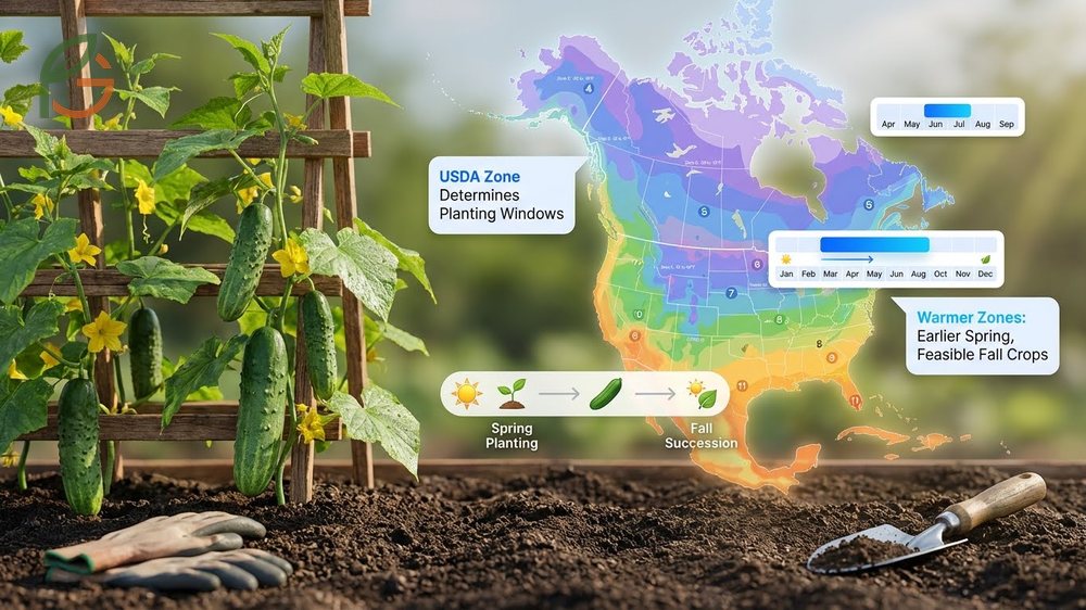 Map of usda hardiness zones highlighting planting windows for northern and southern regions based on frost dates.