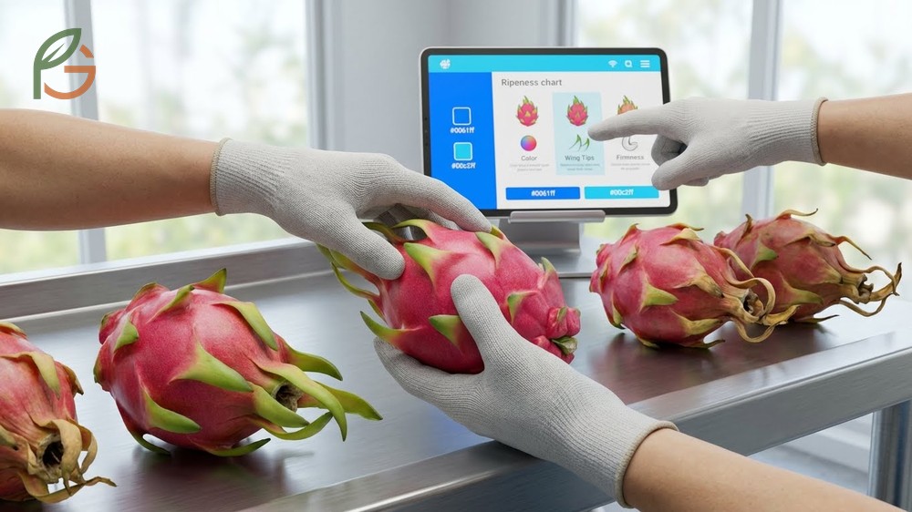 Ripeness indicators dragon fruit focus on visual signals like withered wing tips and tactile softness checks.