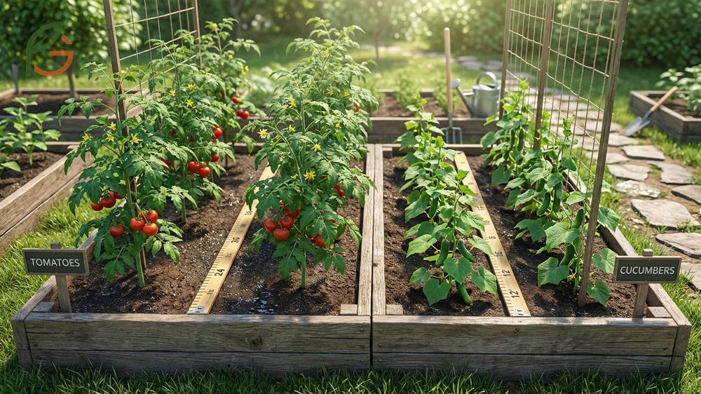 Spacing requirements for tomatoes vs cucumbers suggest 24 to 36 inches between plants to prevent disease spread.
