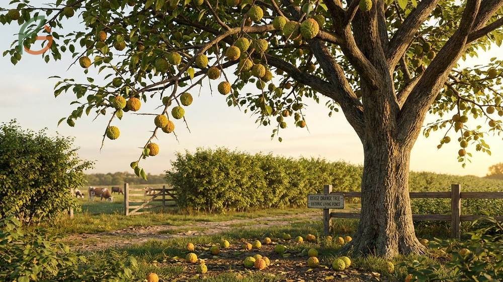 Osage orange tree fruit growing on thorny trees with orange brown bark often planted as living fences in the 19th century.