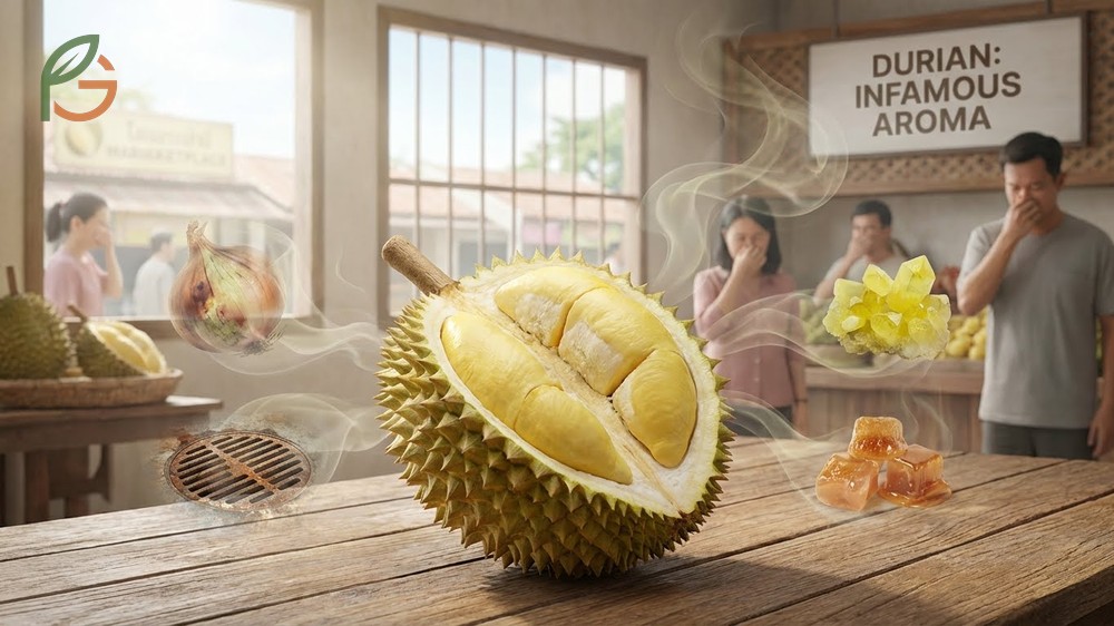 What does durian smell like explanation citing volatile sulfur compounds that resemble rotten onions.