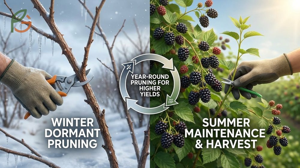 When to prune blackberry bushes depends on the season with summer tipping and winter dormant thinning for optimal yields.