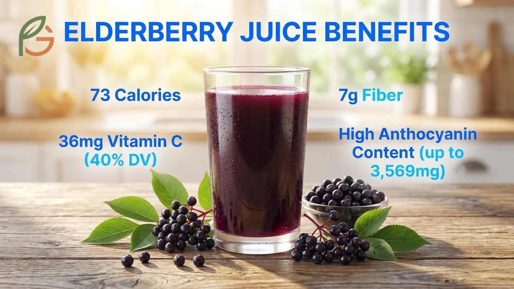 Benefits of elderberry juice compared to tea displaying the concentrated dark liquid rich in 36 mg of vitamin C.