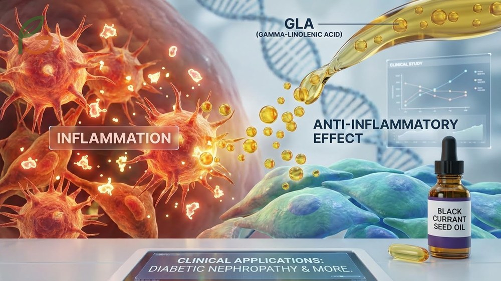 Anti inflammatory properties of black currant seed oil showing reduced inflammatory protein expression by 60 to 70 percent in cellular studies.
