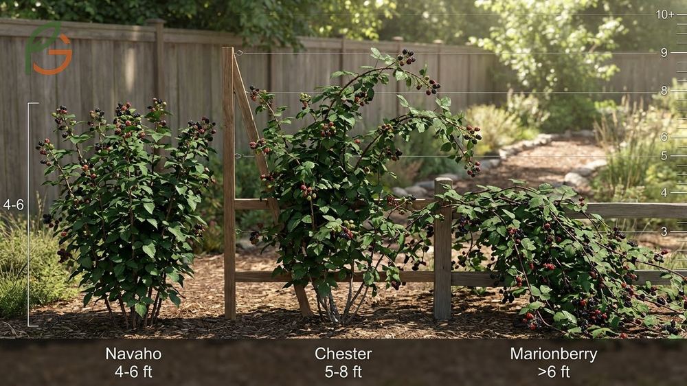 A mature blackberry bush growing between three and ten feet tall with canes supported by a trellis structure.