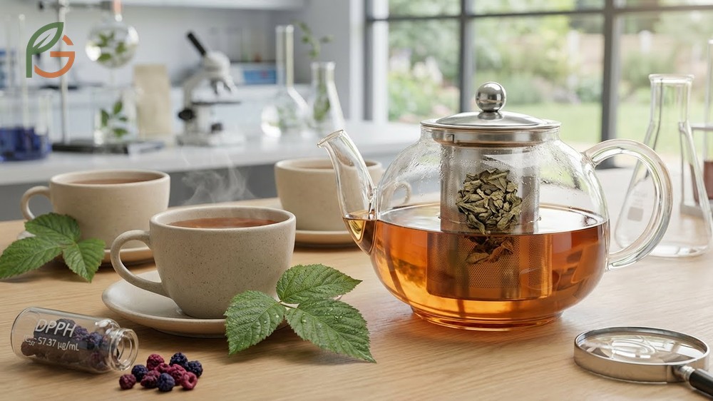 Blackberry leaves tea benefits digestive health and regulates blood sugar with high concentrations of phenolic compounds.